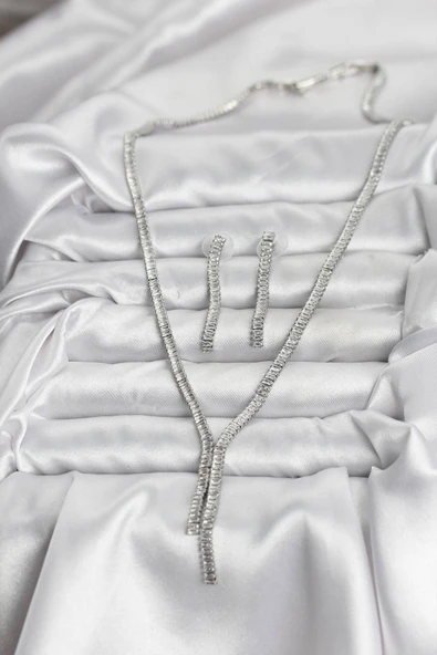 Gümüş Renk Baget Zirkon Taşlı Kadın Kolye Küpe Set - TJ-BKO10637 - 2
