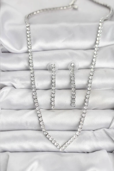 Gümüş Renk Zirkon Taşlı Kadın Kolye Küpe Seti - TJ-BKO10638