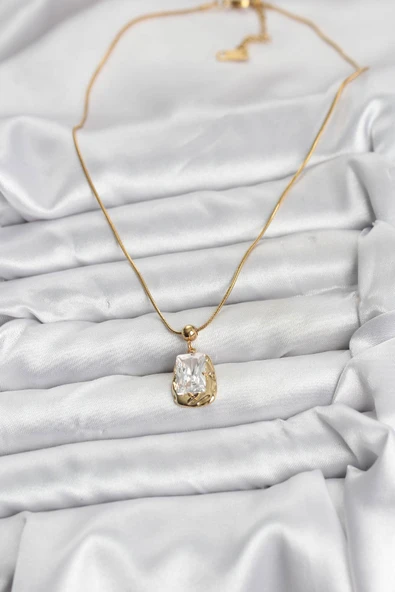 316L Çelik Zincir Gold Renk Zirkon Taşlı Kadın Kolye - TJ-BKO10633 - Resim 2
