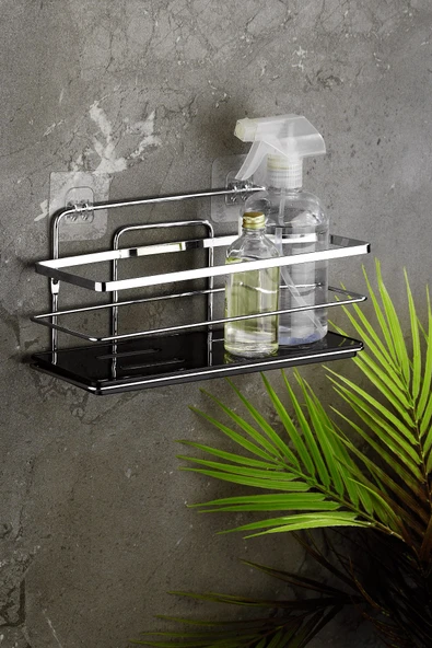 Yapışkanlı Ayarlanabilir Tekli Banyo Duş Rafı – Paslanmaz Kristal Şampuanlık, Banyo Düzenleyici (Yapıştır/Vidala) Krom-Siyah - LŞ-01 - KS - Resim 5