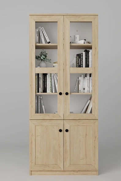 Lisa 4 Kapaklı Safir Meşe Vitrin -Kitaplık ve Çok Amaçlı Dolap - Resim 5