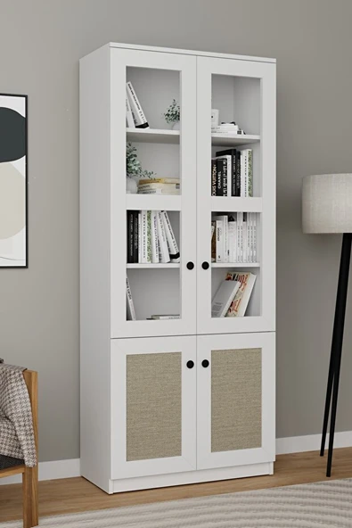 Lisa Kumaş Desenli 4 Kapaklı Beyaz Vitrin - Kitaplık ve Çok Amaçlı Dolap - 2