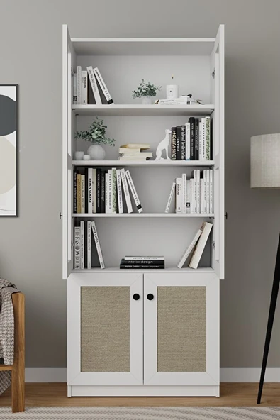 Lisa Kumaş Desenli 4 Kapaklı Beyaz Vitrin - Kitaplık ve Çok Amaçlı Dolap - 3