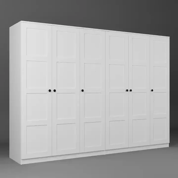 Lucas 6 Kapaklı,15 Raf Bölmeli Yüklük & Askılıklı Geniş Elbise Dolabı-Gardırop Beyaz 190x270 cm - 6