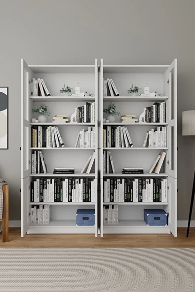 Lisa 8 Kapaklı Beyaz Vitrin Seti - Kitaplık ve Çok Amaçlı Dolap - Resim 4