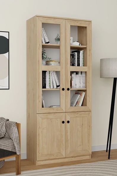 Lisa 4 Kapaklı Safir Meşe Vitrin -Kitaplık ve Çok Amaçlı Dolap - Resim 2