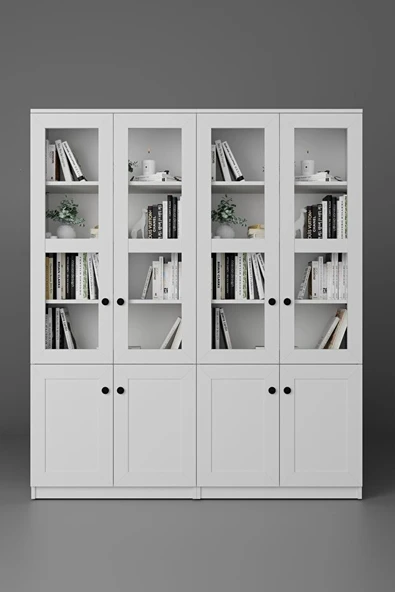 Lisa 8 Kapaklı Beyaz Vitrin Seti - Kitaplık ve Çok Amaçlı Dolap - Resim 6