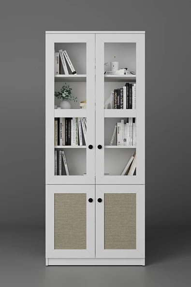 Lisa Kumaş Desenli 4 Kapaklı Beyaz Vitrin - Kitaplık ve Çok Amaçlı Dolap - 4