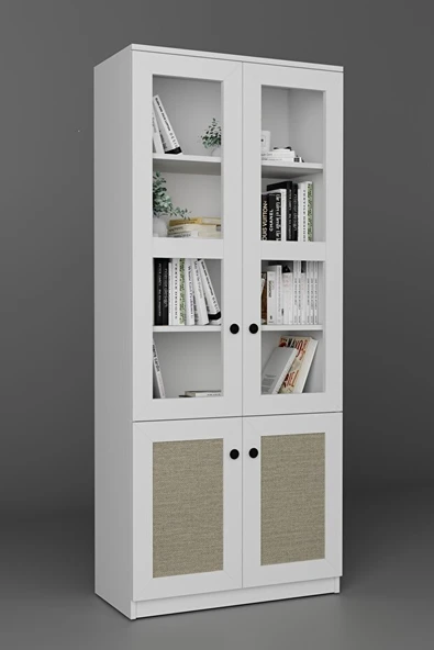 Lisa Kumaş Desenli 4 Kapaklı Beyaz Vitrin - Kitaplık ve Çok Amaçlı Dolap - 5