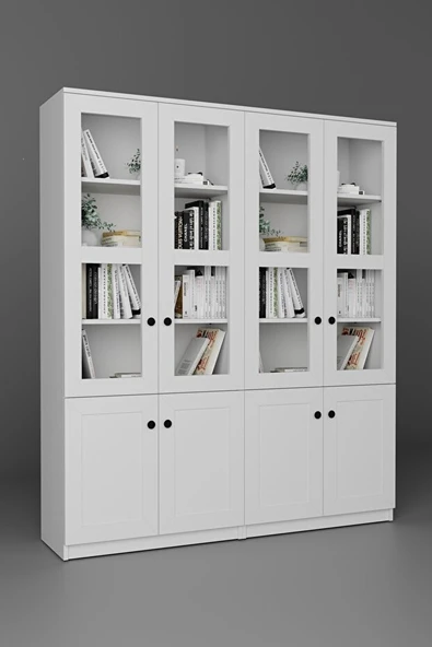 Lisa 8 Kapaklı Beyaz Vitrin Seti - Kitaplık ve Çok Amaçlı Dolap - Resim 7