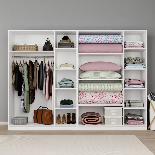 Lucas 6 Kapaklı,15 Raf Bölmeli Yüklük & Askılıklı Geniş Elbise Dolabı-Gardırop Beyaz 190x270 cm - 3