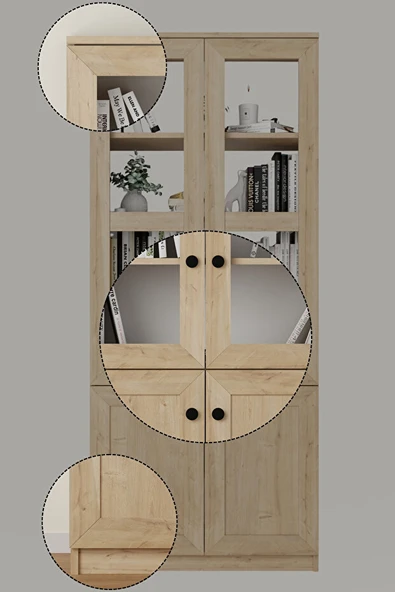 Lisa 4 Kapaklı Safir Meşe Vitrin -Kitaplık ve Çok Amaçlı Dolap - Resim 7