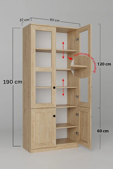 Lisa 4 Kapaklı Safir Meşe Vitrin -Kitaplık ve Çok Amaçlı Dolap - Resim 8