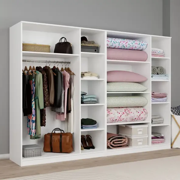 Lucas 6 Kapaklı,15 Raf Bölmeli Yüklük & Askılıklı Geniş Elbise Dolabı-Gardırop Beyaz 190x270 cm - 4
