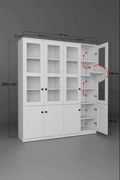 Lisa 8 Kapaklı Beyaz Vitrin Seti - Kitaplık ve Çok Amaçlı Dolap - Resim 8