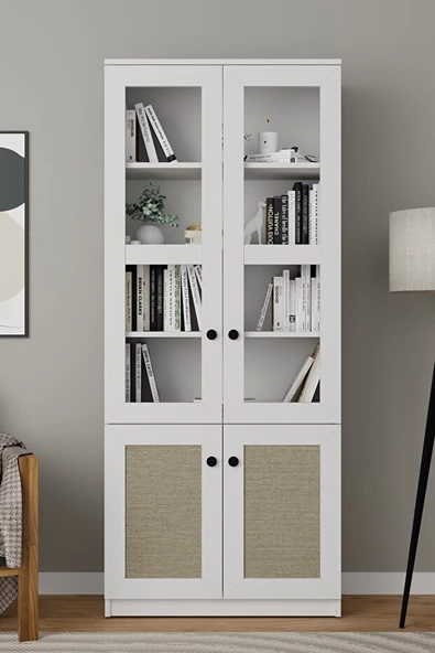 Lisa Kumaş Desenli 4 Kapaklı Beyaz Vitrin - Kitaplık ve Çok Amaçlı Dolap