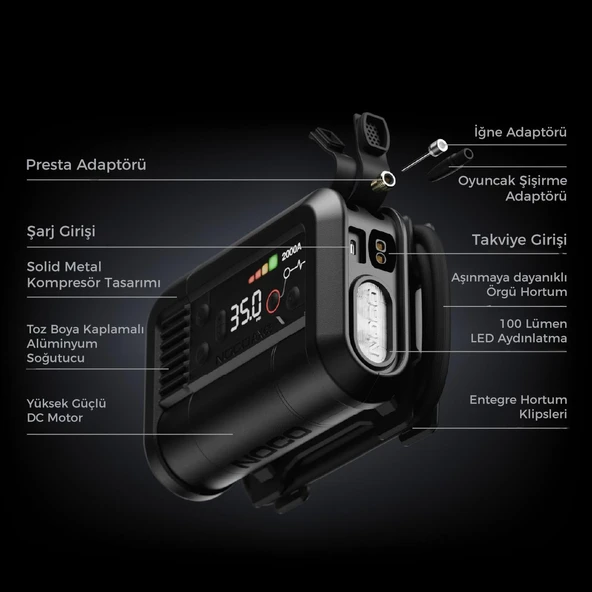 NOCO AX65 12V Lityum 2000Amp Akıllı Akü Takviye + Pompa + Powerbank + Led Lamba - Resim 10