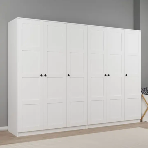 Lucas 6 Kapaklı,15 Raf Bölmeli Yüklük & Askılıklı Geniş Elbise Dolabı-Gardırop Beyaz 190x270 cm - 2