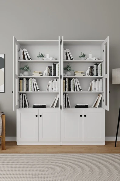 Lisa 8 Kapaklı Beyaz Vitrin Seti - Kitaplık ve Çok Amaçlı Dolap - Resim 3