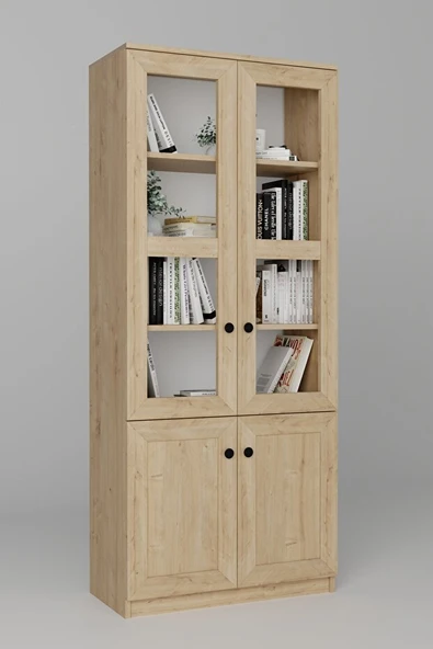 Lisa 4 Kapaklı Safir Meşe Vitrin -Kitaplık ve Çok Amaçlı Dolap - Resim 6