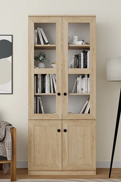Lisa 4 Kapaklı Safir Meşe Vitrin -Kitaplık ve Çok Amaçlı Dolap ürün görseli 1