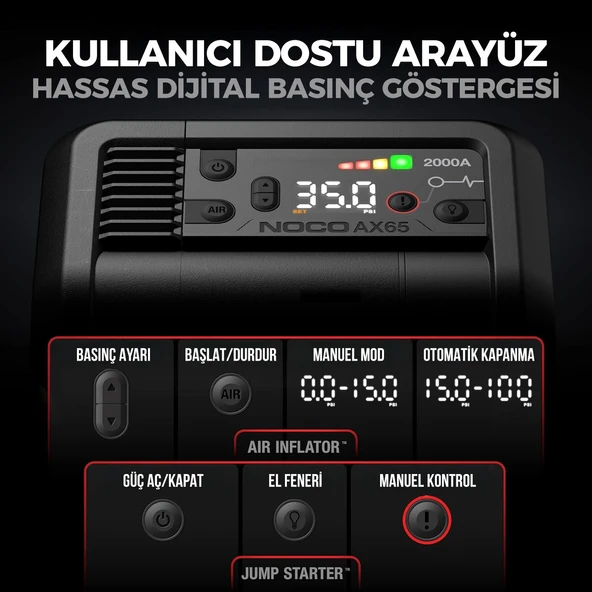 NOCO AX65 12V Lityum 2000Amp Akıllı Akü Takviye + Pompa + Powerbank + Led Lamba - Resim 11