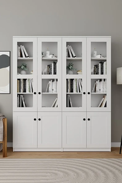 Lisa 8 Kapaklı Beyaz Vitrin Seti - Kitaplık ve Çok Amaçlı Dolap ürün görseli 1