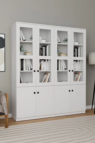 Lisa 8 Kapaklı Beyaz Vitrin Seti - Kitaplık ve Çok Amaçlı Dolap - Resim 2