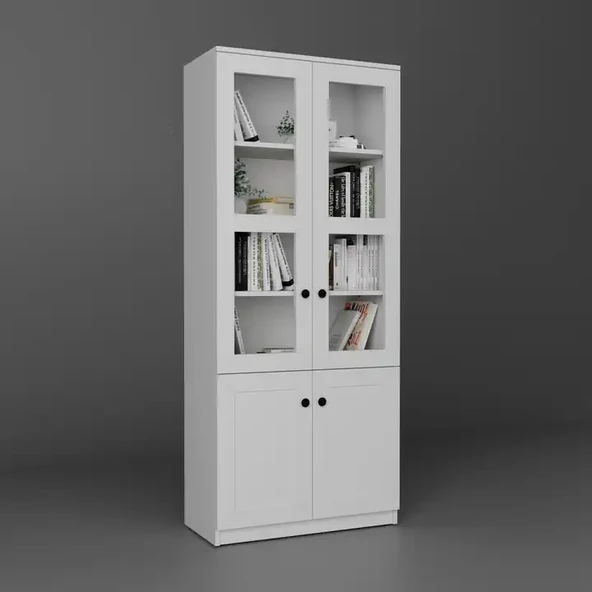 Lisa 4 Kapaklı Beyaz Vitrin - Kitaplık ve Çok Amaçlı Dolap - Resim 6