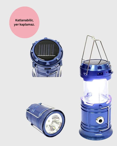 Şarjlı Güneş Enerjili Kızaklı Kamp Feneri–USB Çıkışlı, Katlanabilir, Dayanıklı ve Çok Fonksiyonlu - Resim 5