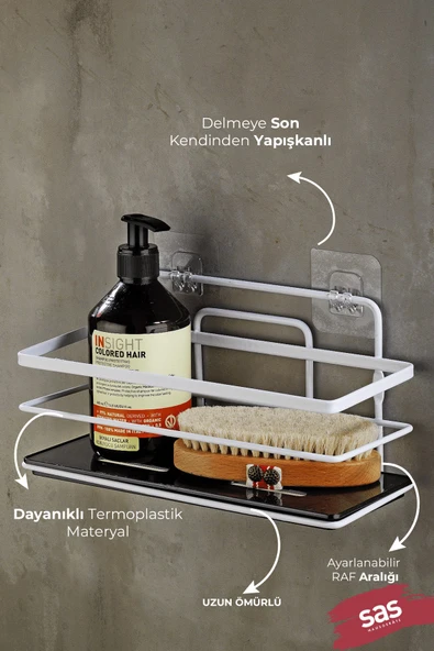 Yapışkanlı Ayarlanabilir Tekli Banyo Duş Rafı – Paslanmaz Kristal Şampuanlık (Yapıştır/Vidala) Beyaz-Siyah - LŞ-01 - BS - Resim 2