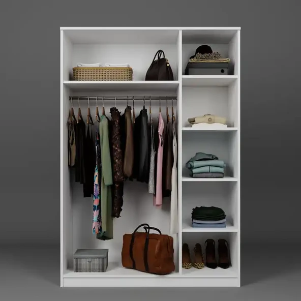 Lucas 3 Kapaklı, 6 Raf Bölmeli, Askılıklı Geniş Elbise Dolabı, Gardırop – Beyaz - Resim 7