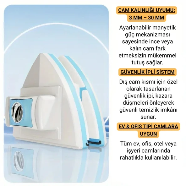 Polham 3-30 MM Çift Cam Uyumlu Ev ve Ofis Manyetik Cam Temizleyici, Çift Taraflı, Güvenli İpli Süper Etkili Cam Temizleyici - Resim 2