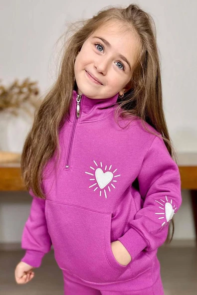 Kız Çocuk Kalp Emoji Baskılı Kanguru Cepli Fermuarlı Sweat Mor Eşofman Takım - Resim 4
