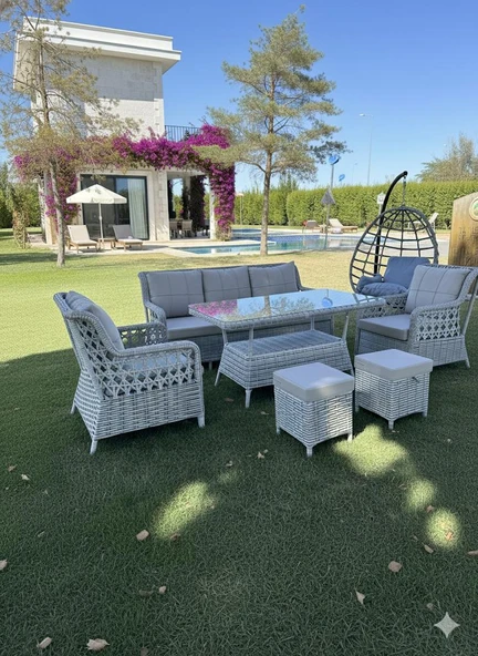 Ayaz 7 Kişilik Rattan Bahçe Oturma Grubu – 3+1+1 Koltuk, Cam Masa Ve 2 Puf Hediyeli Salincakli - Resim 2