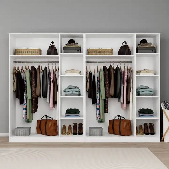 Lucas 6 Kapaklı, 12 Raf Bölmeli, Askılıklı Geniş Elbise Dolabı, Gardırop, Beyaz 190*270 - Resim 3
