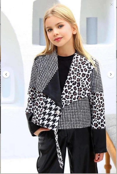 Kız Çocuk Üzeri Leopar ve Kazayağı Deri Detaylı Ceket Bol Kesim Pantolon Siyah Alt Üst Takım - Resim 3