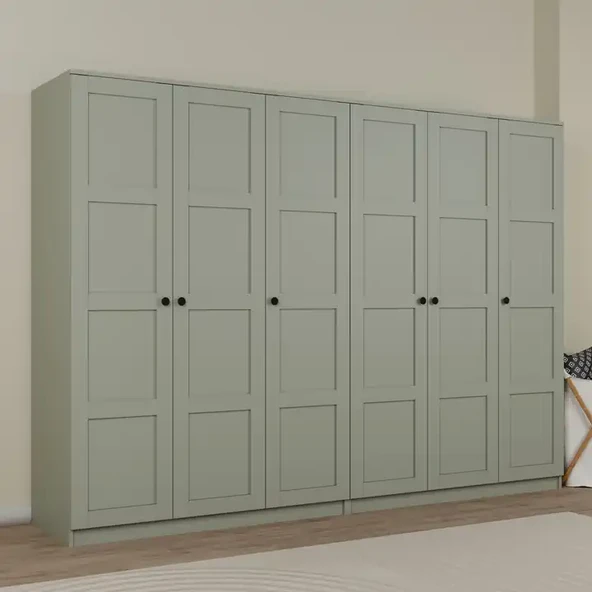 Lucas 6 Kapaklı,15 Raf Bölmeli Yüklük & Askılıklı Geniş Elbise Dolabı-Gardırop Yeşil 190x270 cm - Resim 2