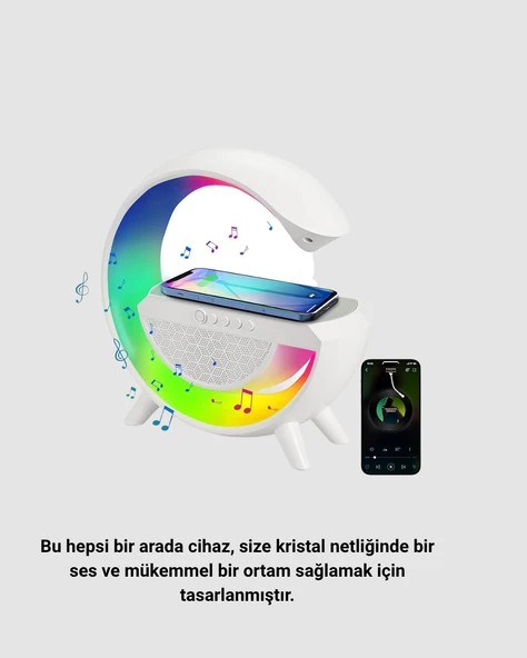 Bluetooth 5.0 Hoparlör – Kablosuz Şarj, RGB Gece Lambası ve FM Radyo - Resim 4