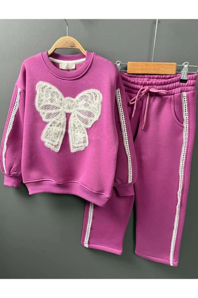 Kız Çocuk Göğsü Kurdela Dantel Şerit Detaylı Bağcıklı 3 İplik Mor Eşofman Takım - Resim 4