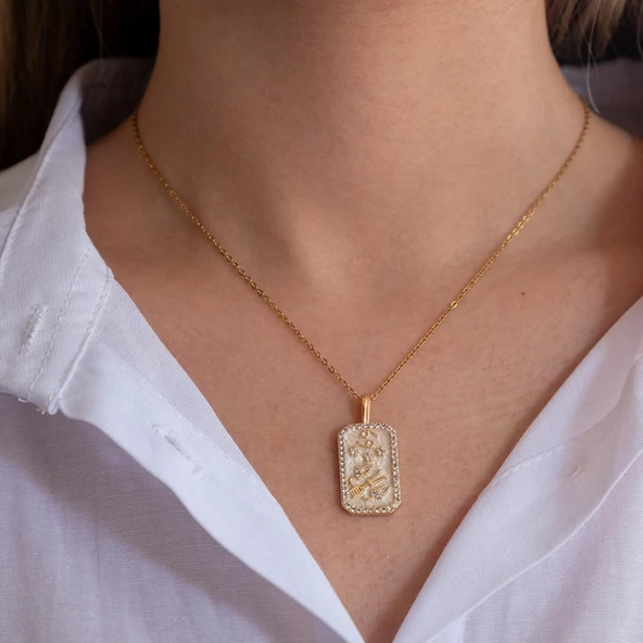 Çelik Kolye, Altın Kaplama İkizler Burç Kadın Kolye K-105 - Resim 3