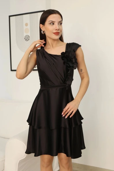 Çiçek Detaylı Saten Elbise 2371-Siyah - Resim 5
