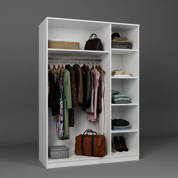 Lucas 3 Kapaklı, 6 Raf Bölmeli, Askılıklı Geniş Elbise Dolabı, Gardırop – Beyaz - Resim 8