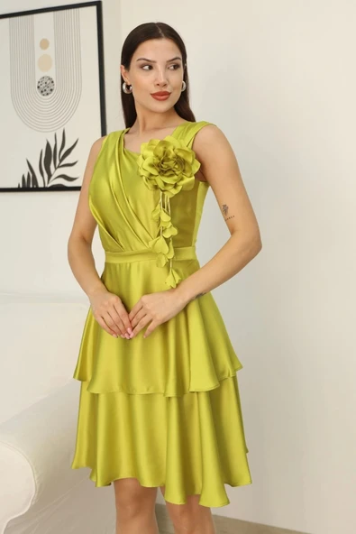 Çiçek Detaylı Saten Elbise 2371-Olive - Resim 6