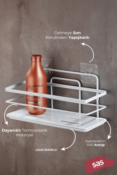 Yapışkanlı Ayarlanabilir Tekli Banyo Duş Rafı – Paslanmaz Kristal Şampuanlık (Yapıştır/Vidala) Beyaz - LŞ-01 - BB - Resim 2
