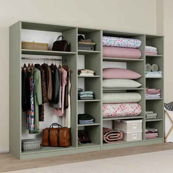 Lucas 6 Kapaklı,15 Raf Bölmeli Yüklük & Askılıklı Geniş Elbise Dolabı-Gardırop Yeşil 190x270 cm - Resim 4