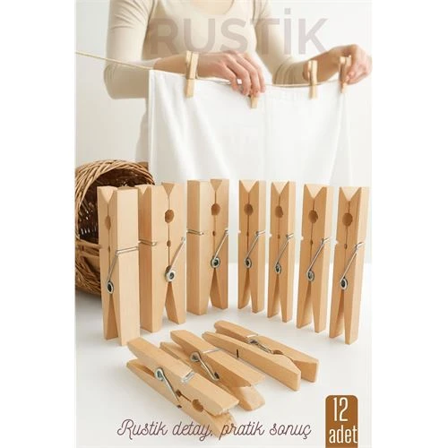 12’li Ahşap Mandal Seti – Doğal Görünümlü, Çok Amaçlı, Dayanıklı Yaylı Tasarım ürün görseli 1