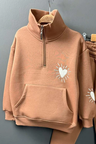 Kız Çocuk Kalp Emoji Baskılı Kanguru Cepli Fermuarlı Sweat Taba Eşofman Takım - Resim 5