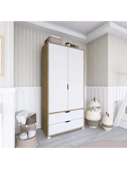 90 Cm Açık Ceviz-Beyaz 2 Kapılı 2 Çekmeceli Elbise Dolabı - Gardırop - Resim 2