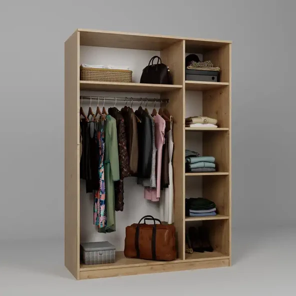 Lucas 3 Kapaklı, 6 Raf Bölmeli, Askılıklı Geniş Elbise Dolabı, Gardırop – Safir Meşe - 8